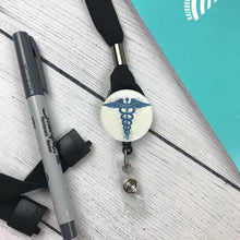 Load image into Gallery viewer, Nurse Badge Reel, Badge Reel, Breakaway Lanyard, ID holder, caduceus, medical symbol, Teacher Lanyard, ID badge, ID holder